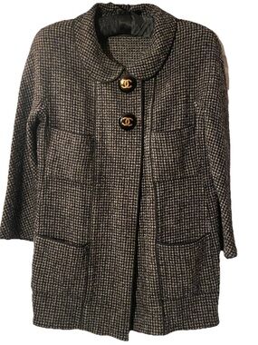 CHANEL Boutique Black & White Knit Boucle Long Jacket 4 Pockets VTG Sz M?